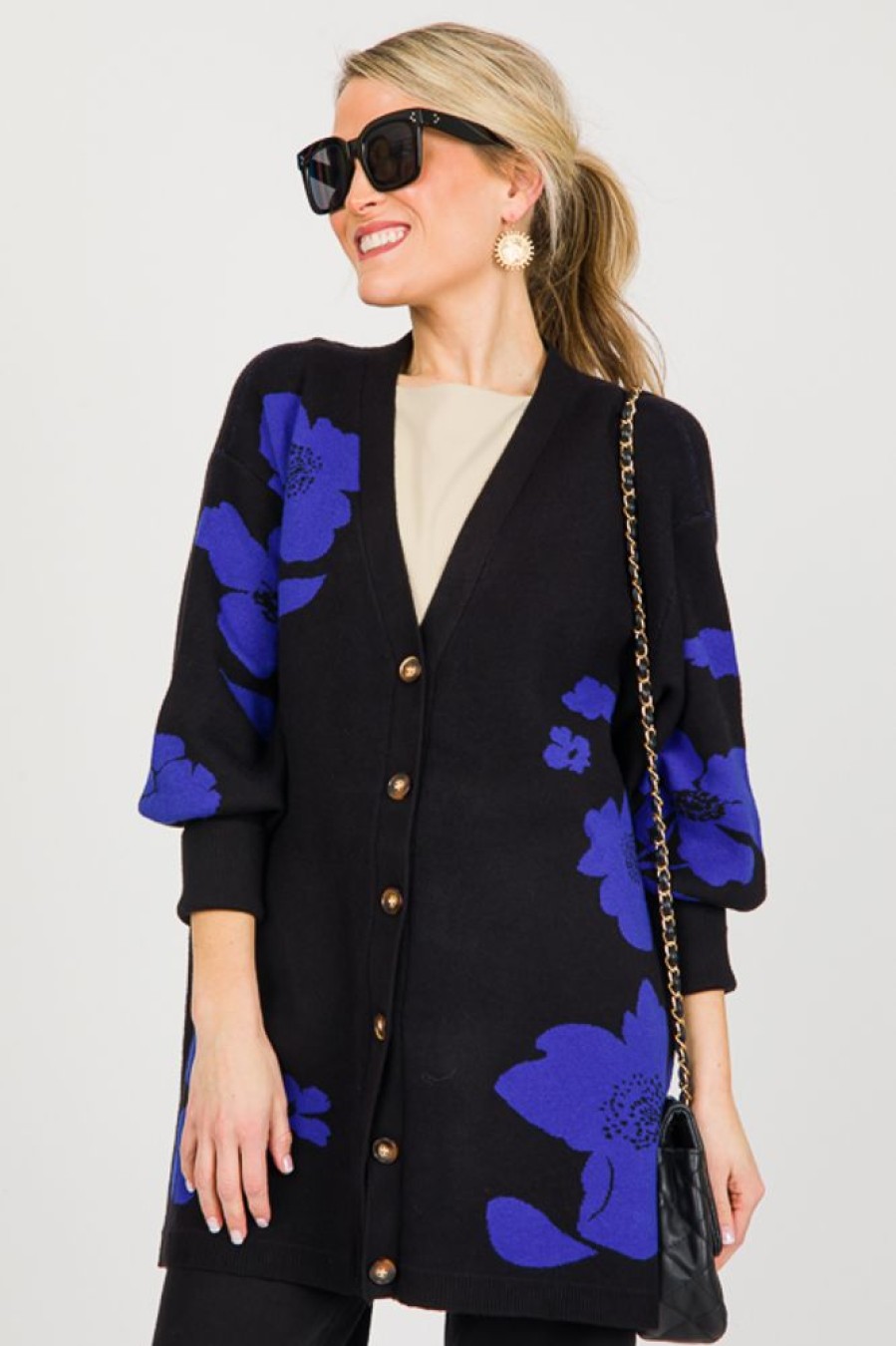 Sugar Lips Cardigans & Sweaters | Floral Button Sweater, Black Cobalt