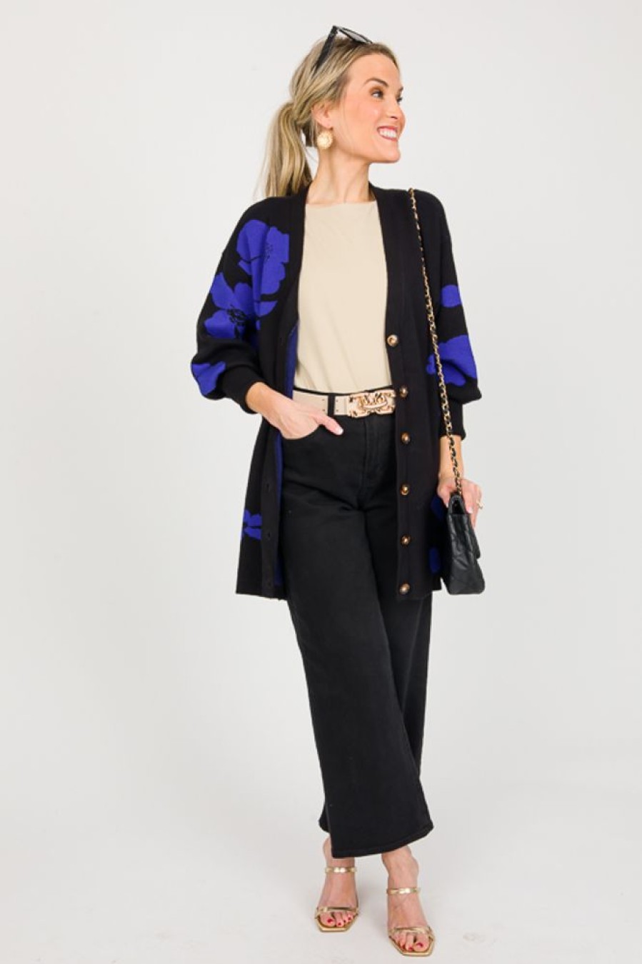 Sugar Lips Cardigans & Sweaters | Floral Button Sweater, Black Cobalt