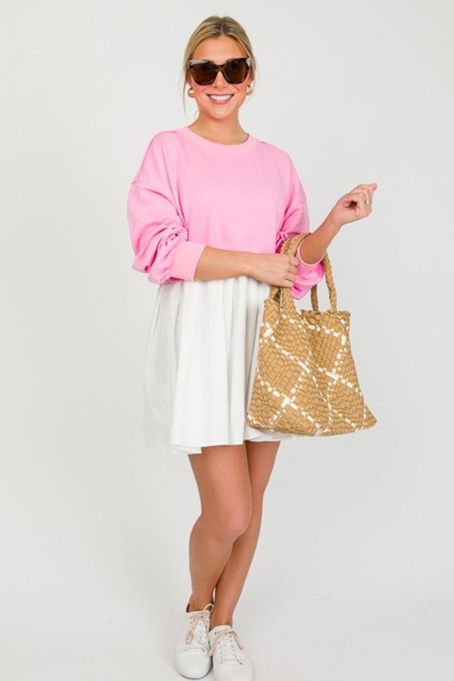 In The Beginning Dresses W/ Sleeves | French Terry Contrast Dress, Pink