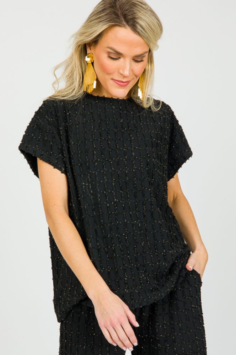 See and Be Seen Short Sleeve & Sleeveless | Metallic Texture Top, Black