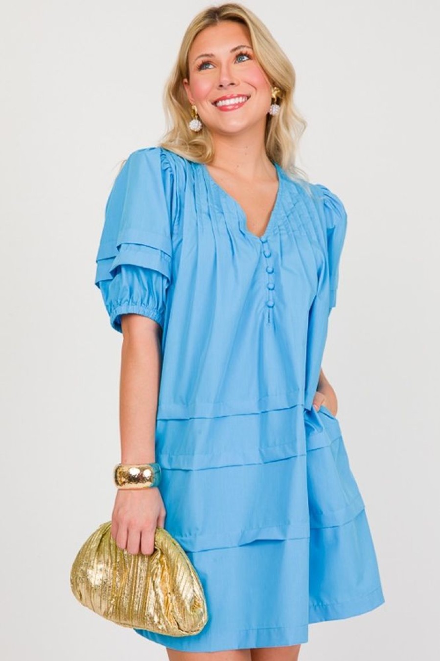 Entro Dresses W/ Sleeves | Pleat Detail Dress, Cobalt Blue