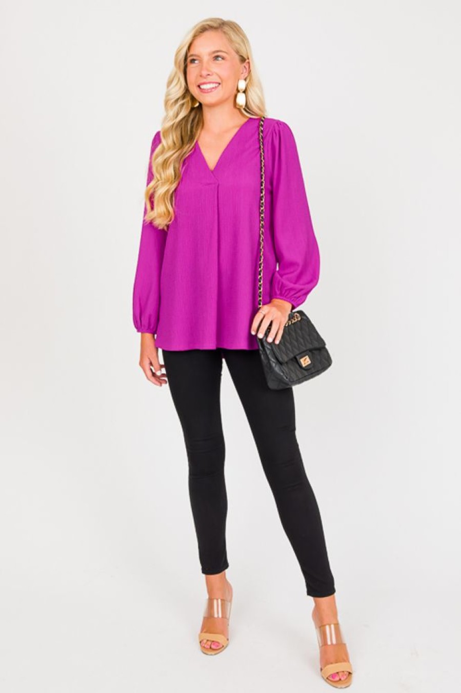 First Love 3/4 & Long Sleeve | Crinkle Texture Blouse, Magenta