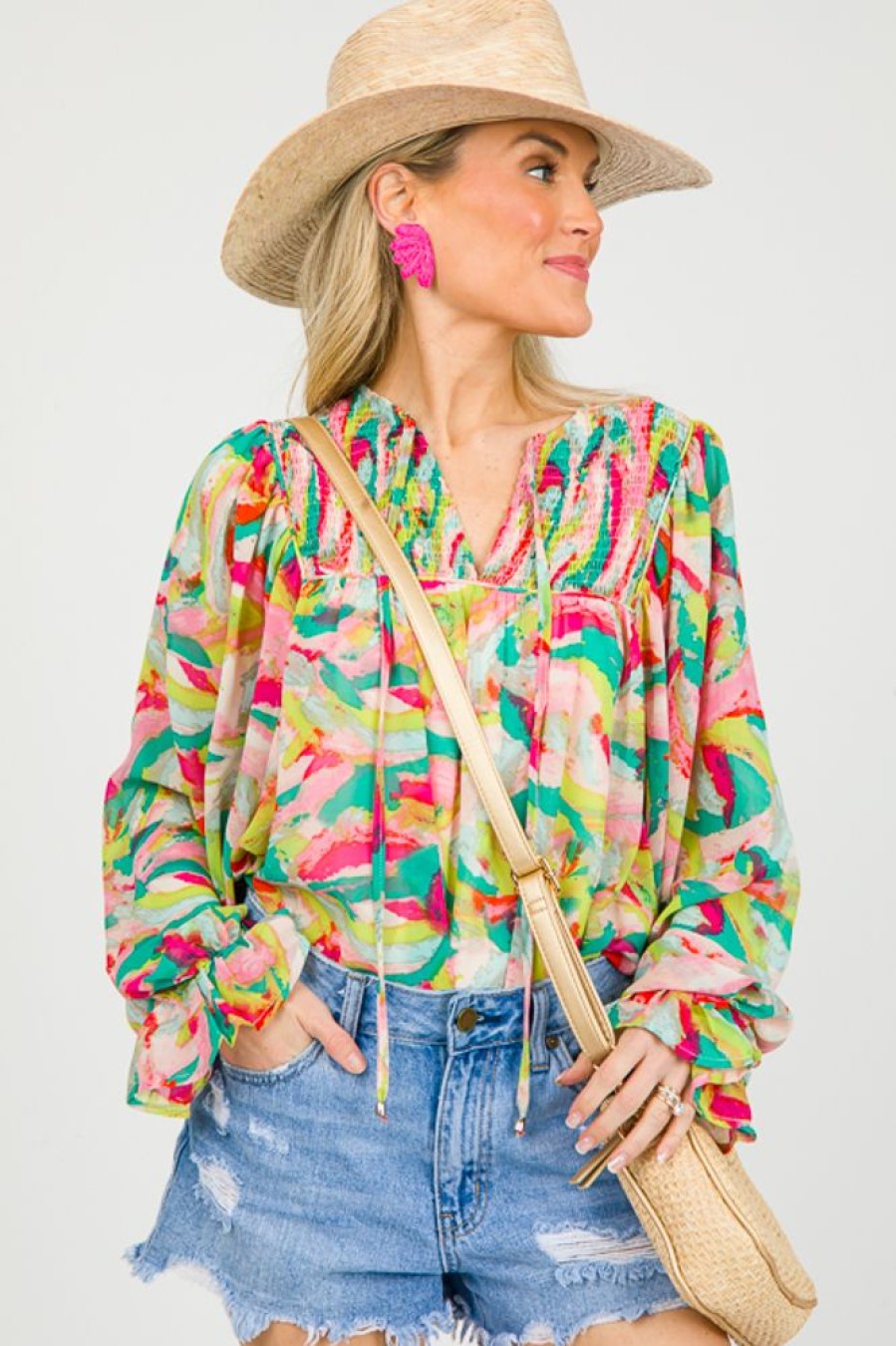 Entro 3/4 & Long Sleeve | Amy Abstract Blouse, Pink Green