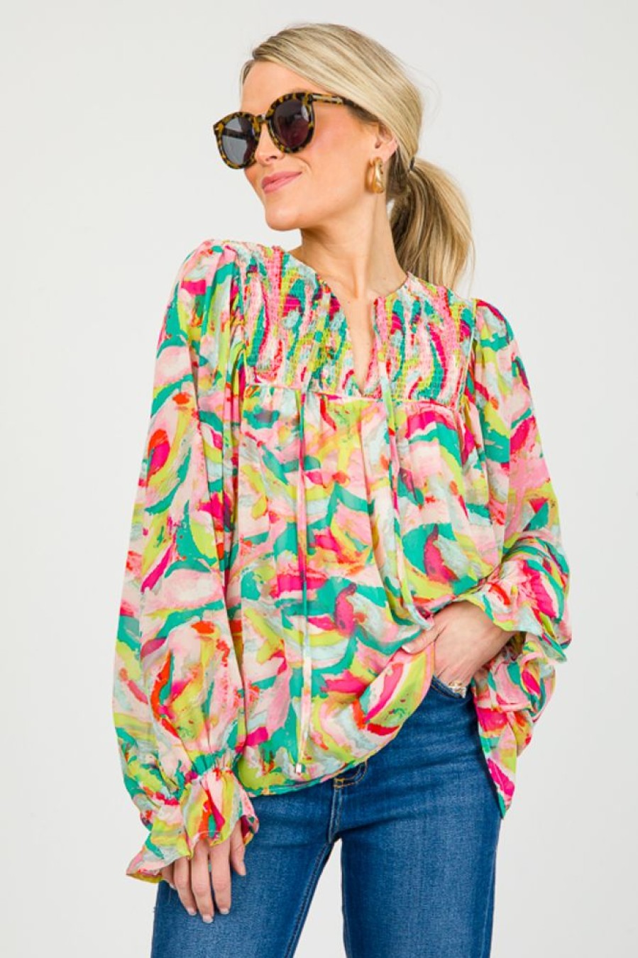 Entro 3/4 & Long Sleeve | Amy Abstract Blouse, Pink Green