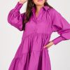 Staccato Dresses W/ Sleeves | Slant Tier Shirt Dress, Magenta