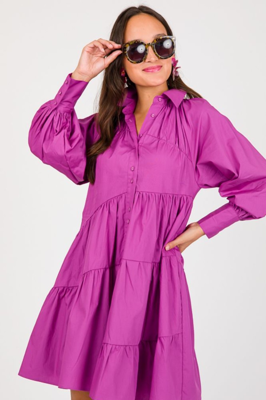 Staccato Dresses W/ Sleeves | Slant Tier Shirt Dress, Magenta