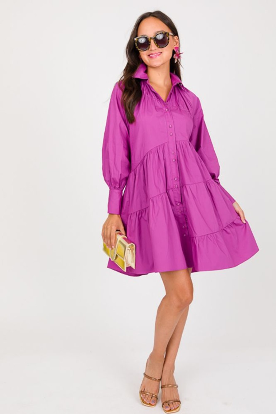 Staccato Dresses W/ Sleeves | Slant Tier Shirt Dress, Magenta