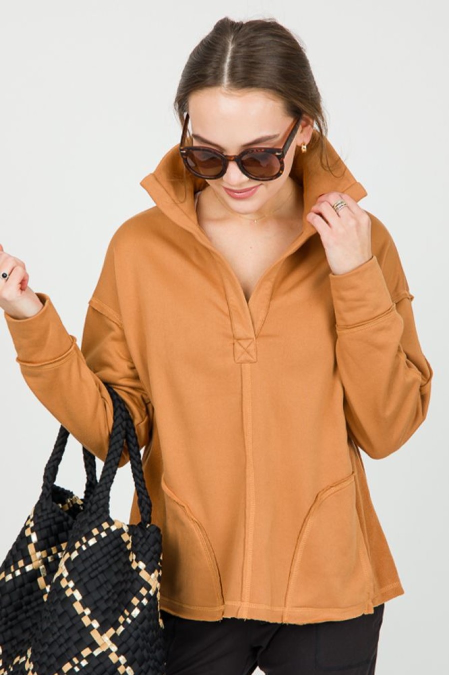 Very J 3/4 & Long Sleeve | Fleece Pop Collar Pullover, Camel