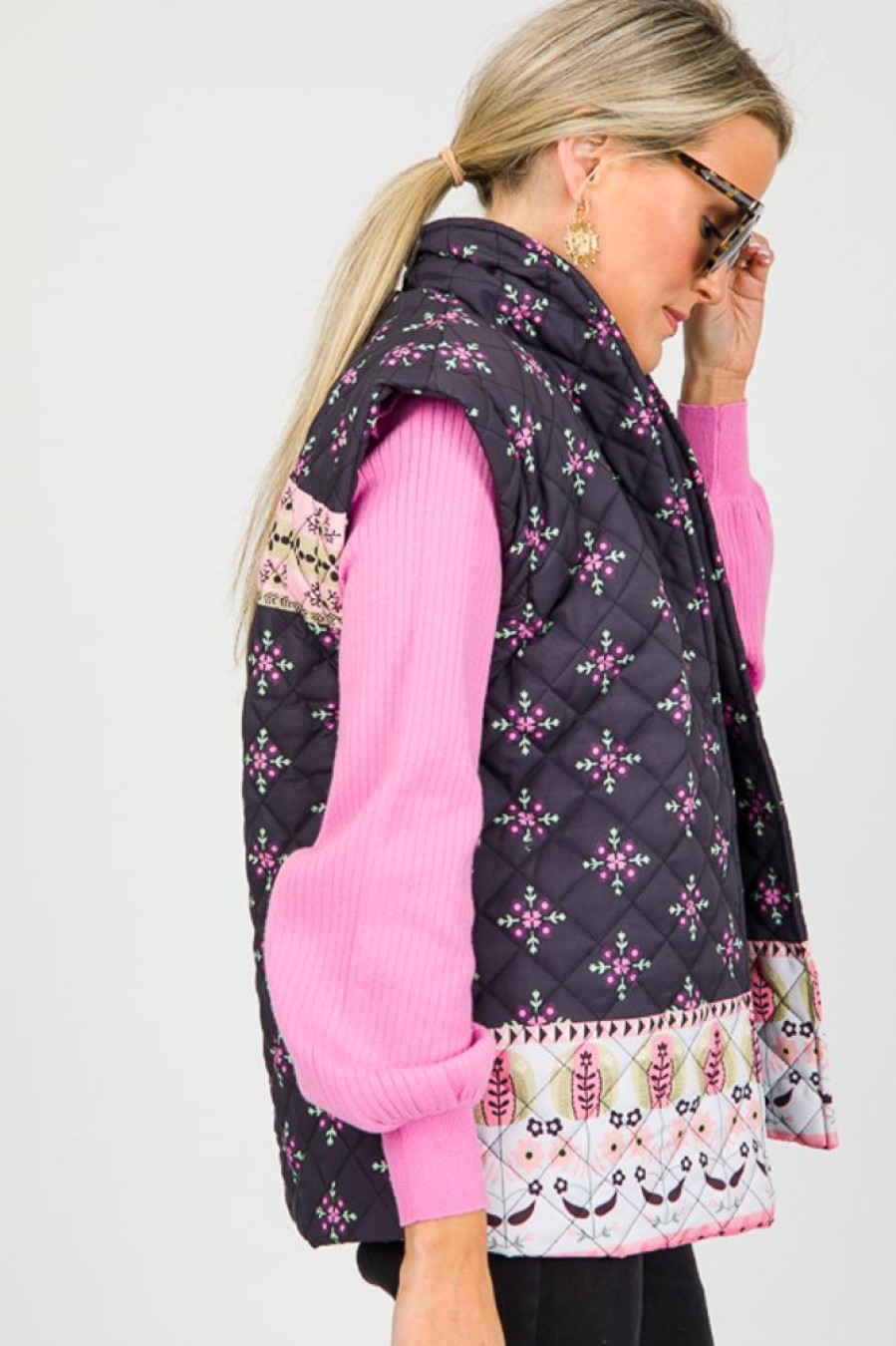 Sundayup Jackets / Coats / Vests / Blazers | Floral Border Print Quilted Vest