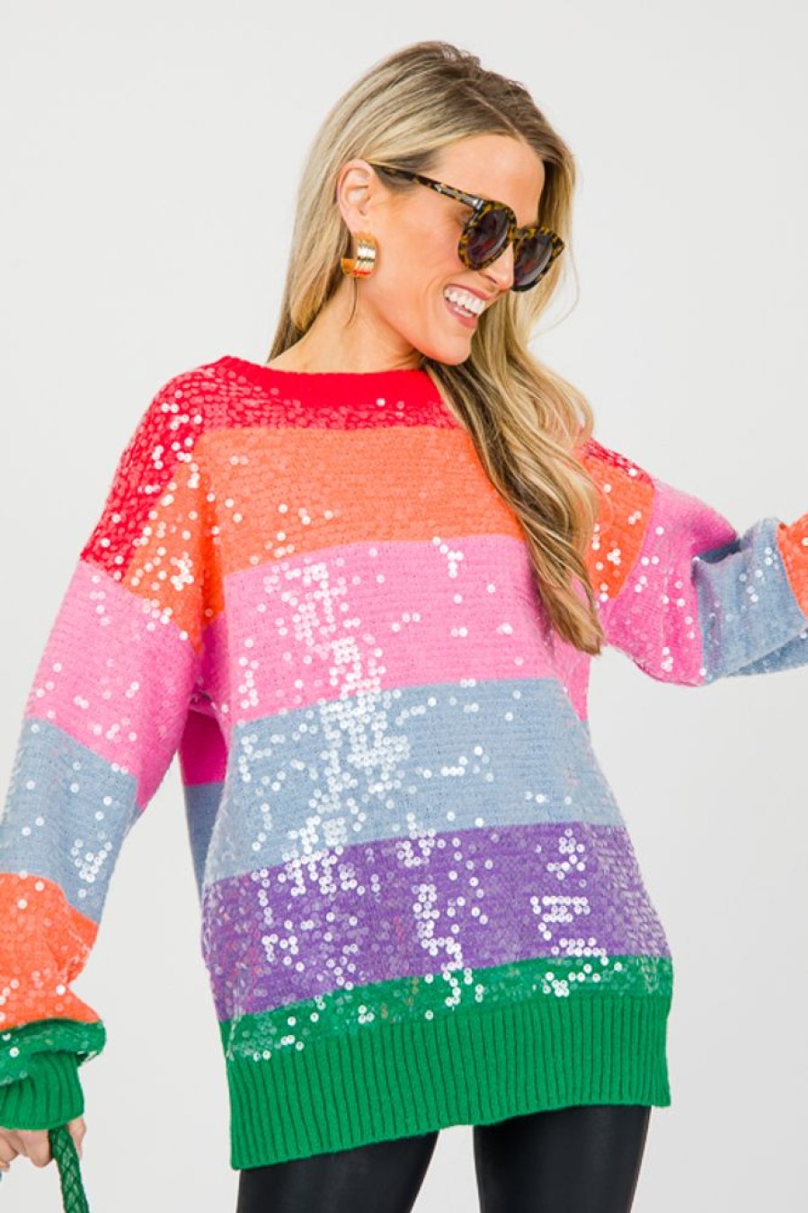 Bibi 3/4 & Long Sleeve | Sequin Rainbow Stripe Sweater