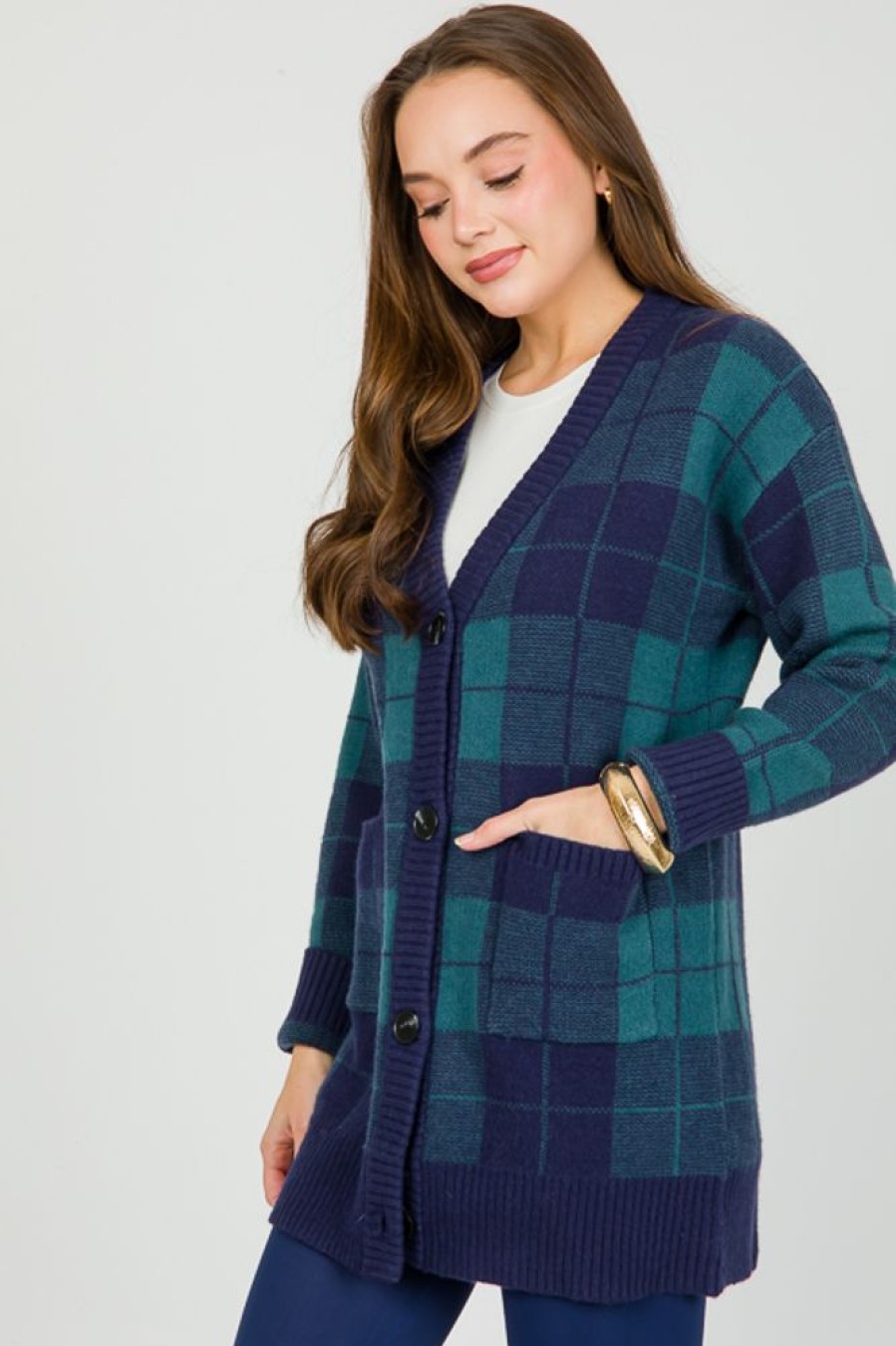 Fore Collection 3/4 & Long Sleeve | Plaid Button Cardi, Navy/Green