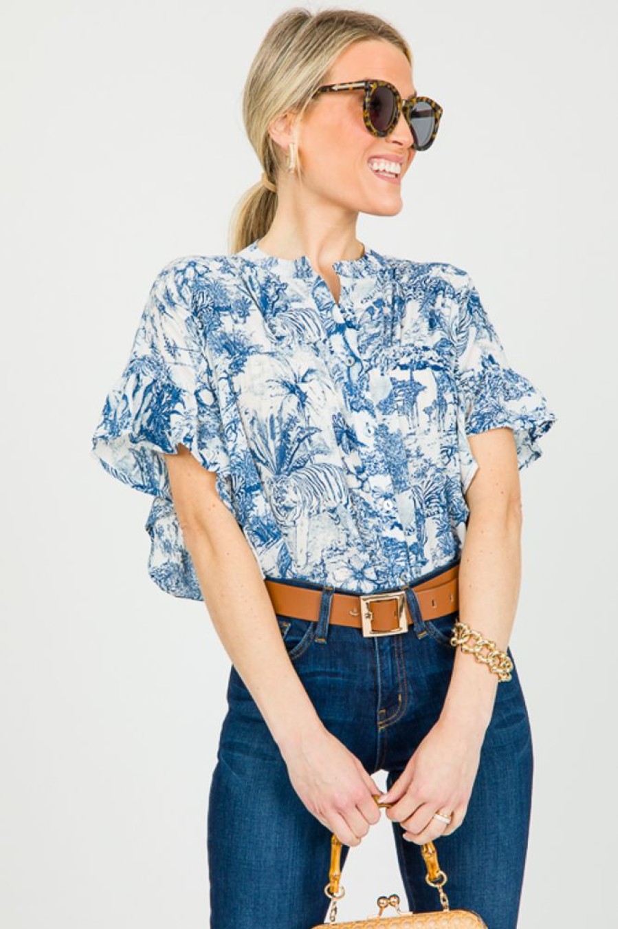 Entro Short Sleeve & Sleeveless | Toile Button Up Blouse, Blue