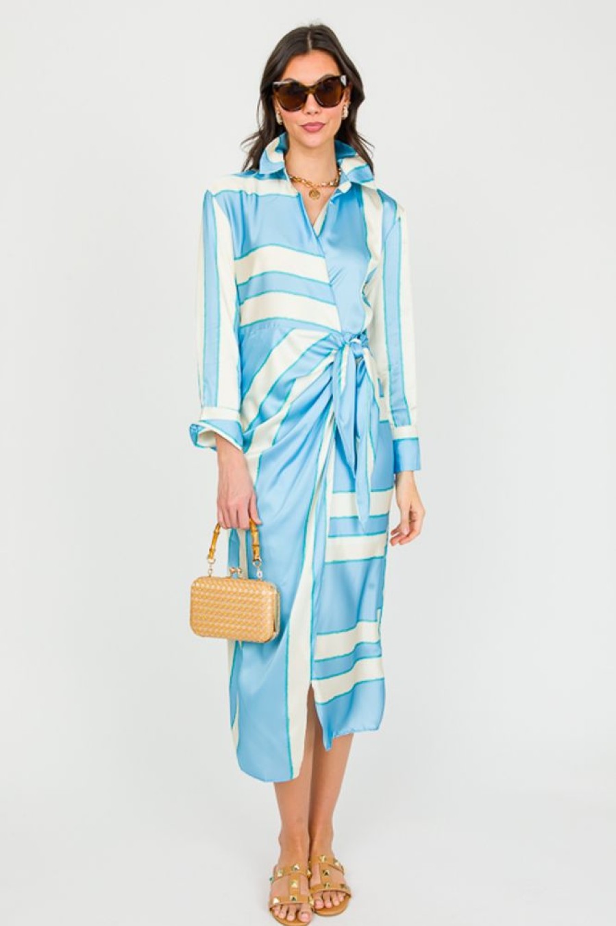 Entro Maxi & Midi | Satin Stripe Wrap Midi, Blue