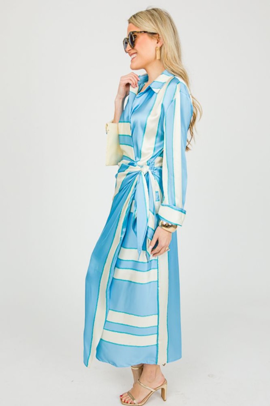 Entro Maxi & Midi | Satin Stripe Wrap Midi, Blue