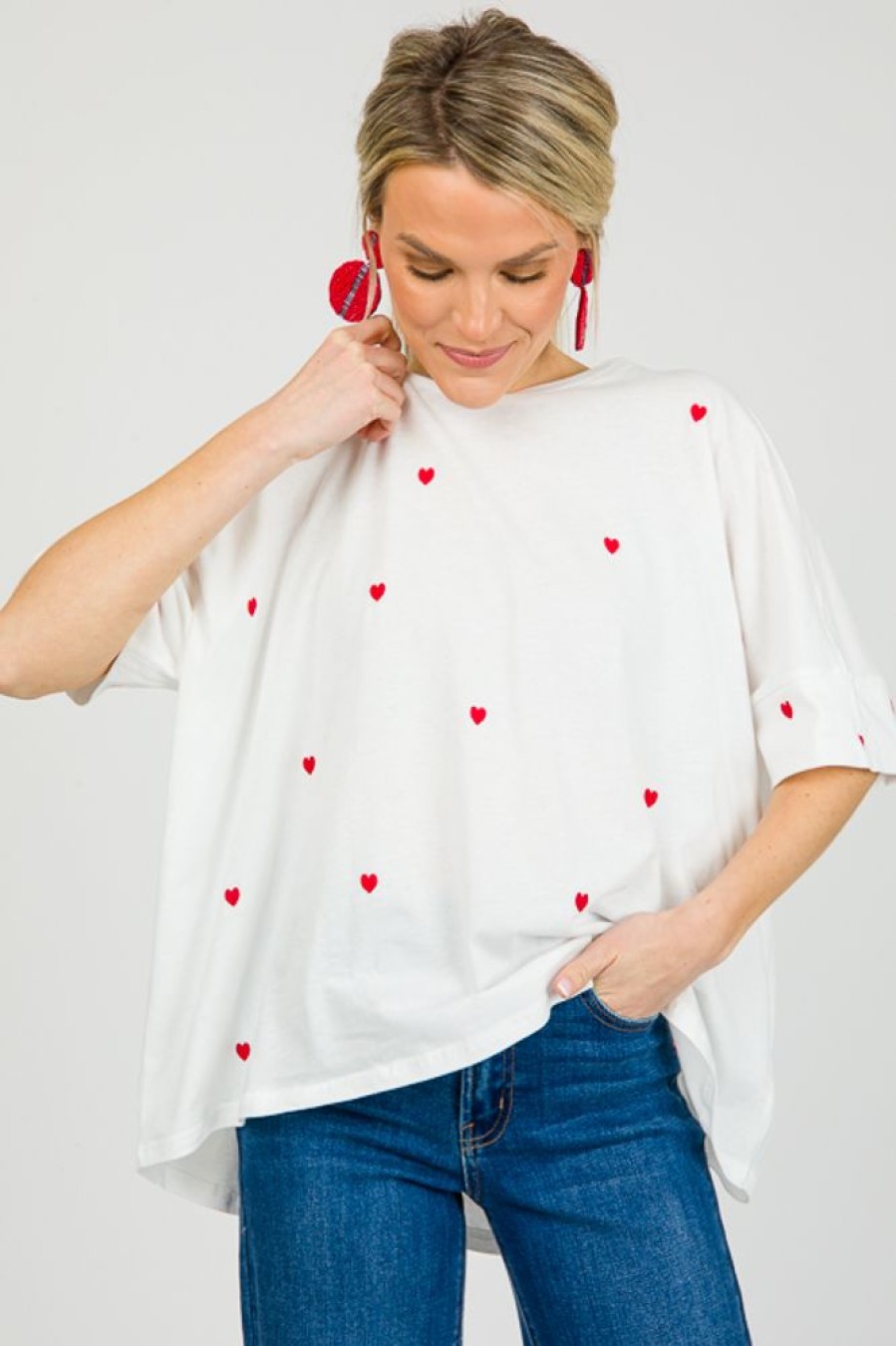 In February Short Sleeve & Sleeveless | Heart Embroidery Tee, Off White