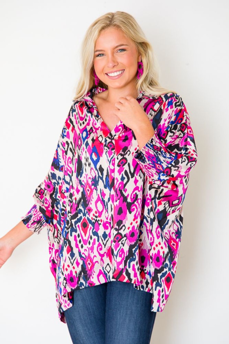 Umgee 3/4 & Long Sleeve | Gina Oversize Blouse, Magenta Mix