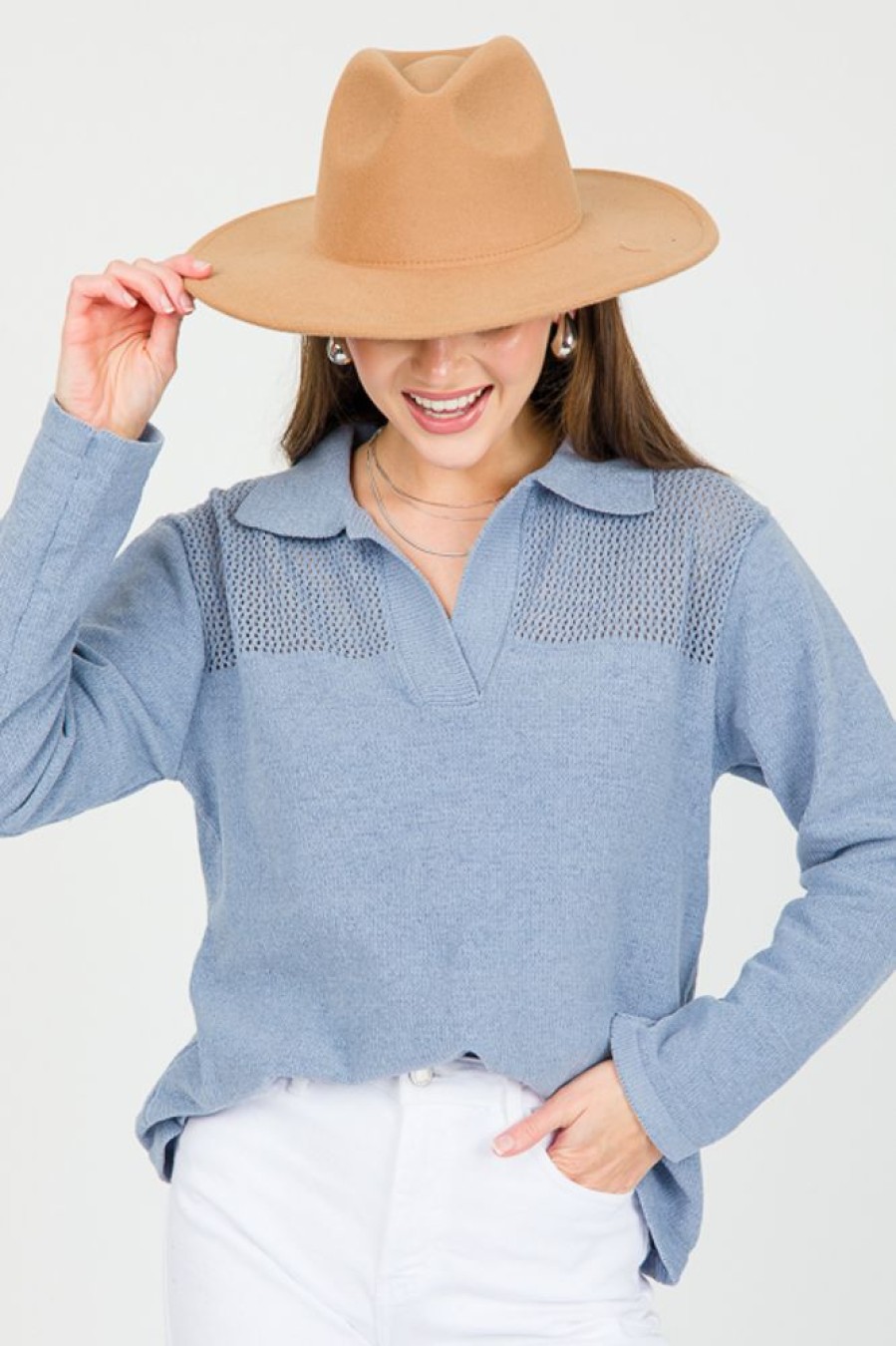 She + Sky 3/4 & Long Sleeve | Chenille Collar Sweater, Dusty Blue