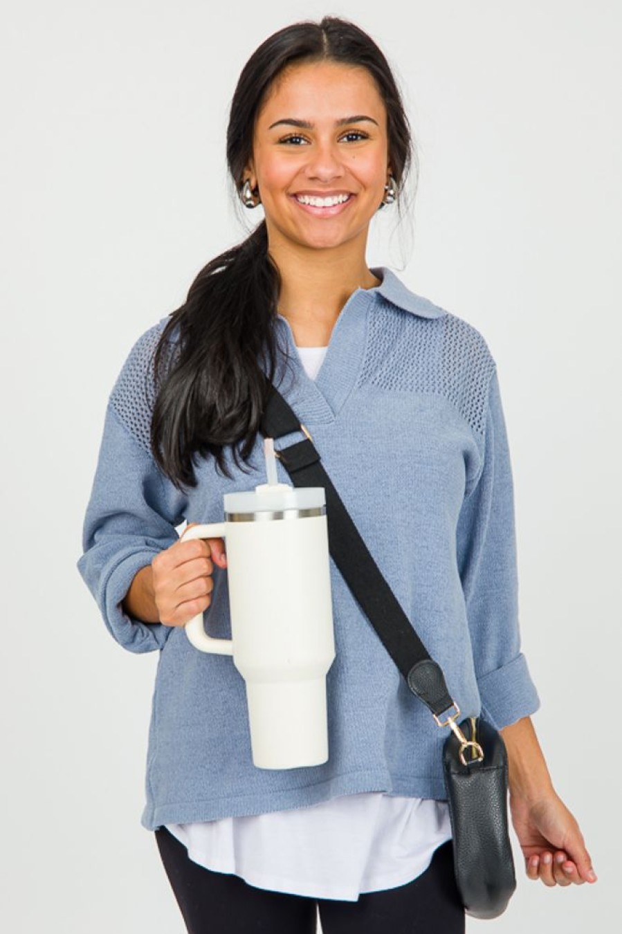 She + Sky 3/4 & Long Sleeve | Chenille Collar Sweater, Dusty Blue