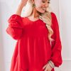 Cotton Bleu 3/4 & Long Sleeve | Ruffle Hem Babydoll Top, Red