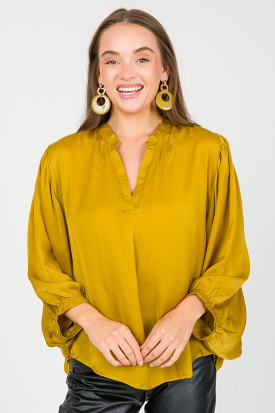 Glam 3/4 & Long Sleeve | Shana Satin Blouse, Mustard