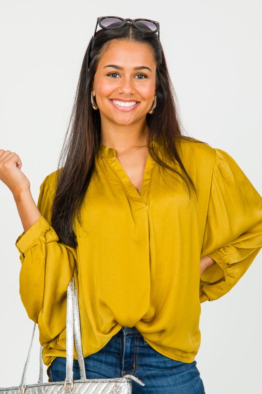 Glam 3/4 & Long Sleeve | Shana Satin Blouse, Mustard