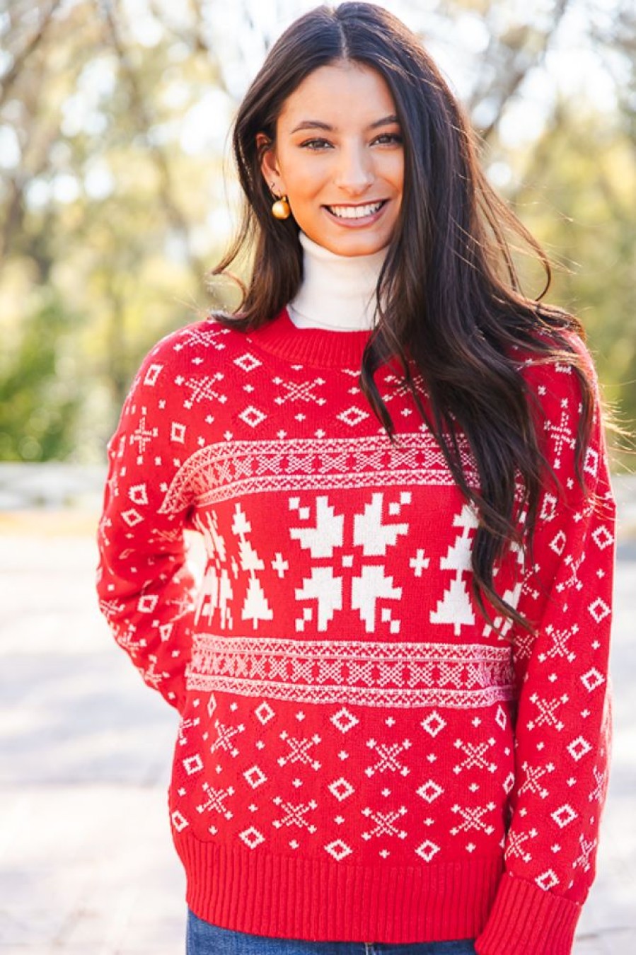 Very J 3/4 & Long Sleeve | Winter Print Sweater, Red