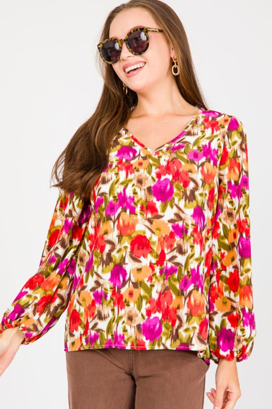 Lovely Melody 3/4 & Long Sleeve | Falling For Floral Top, Red/Purple