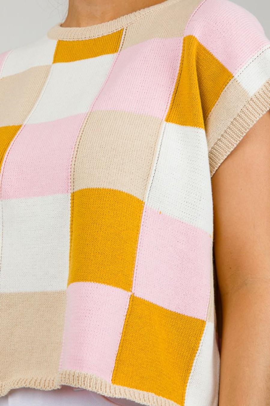 Wishlist Short Sleeve & Sleeveless | Sleeveless Check Sweater, Taupe/Rose