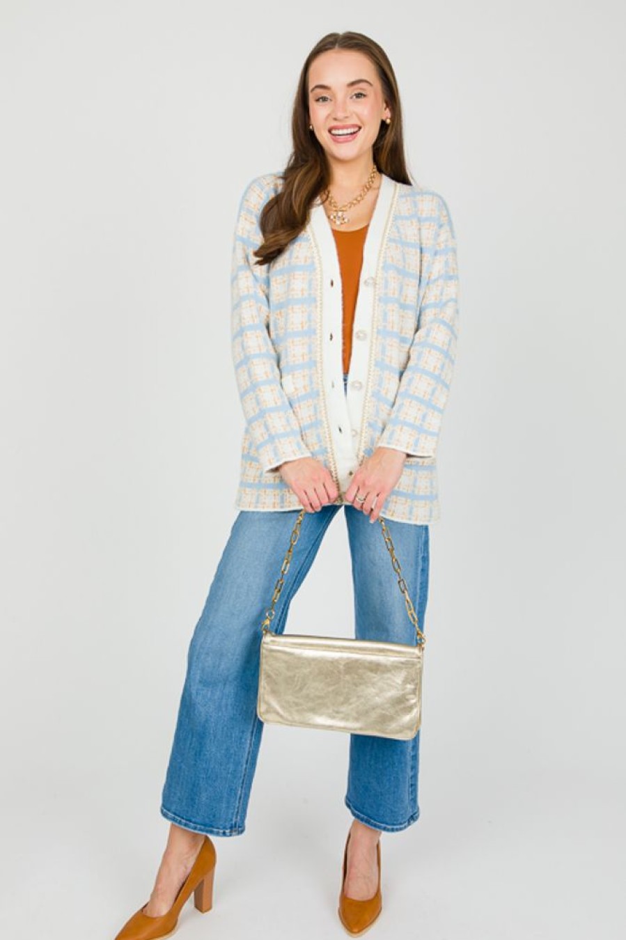 Listicle 3/4 & Long Sleeve | Tweed Print Cardigan, Lt. Blue