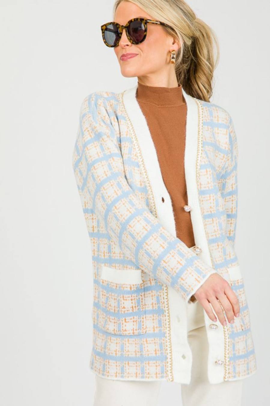 Listicle 3/4 & Long Sleeve | Tweed Print Cardigan, Lt. Blue