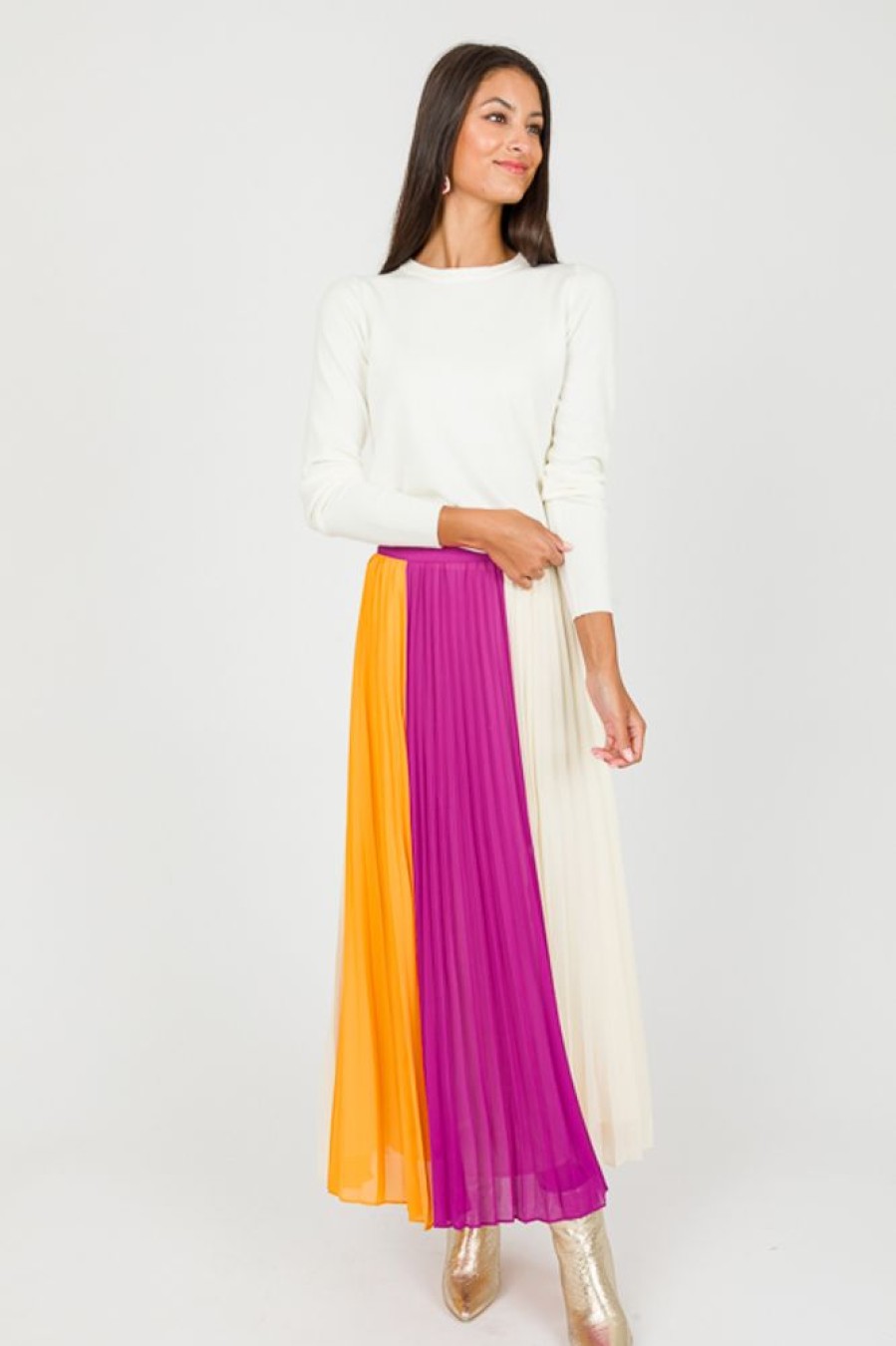 Skies Are Blue Skirts | Colorblock Pleats Midi Skirt