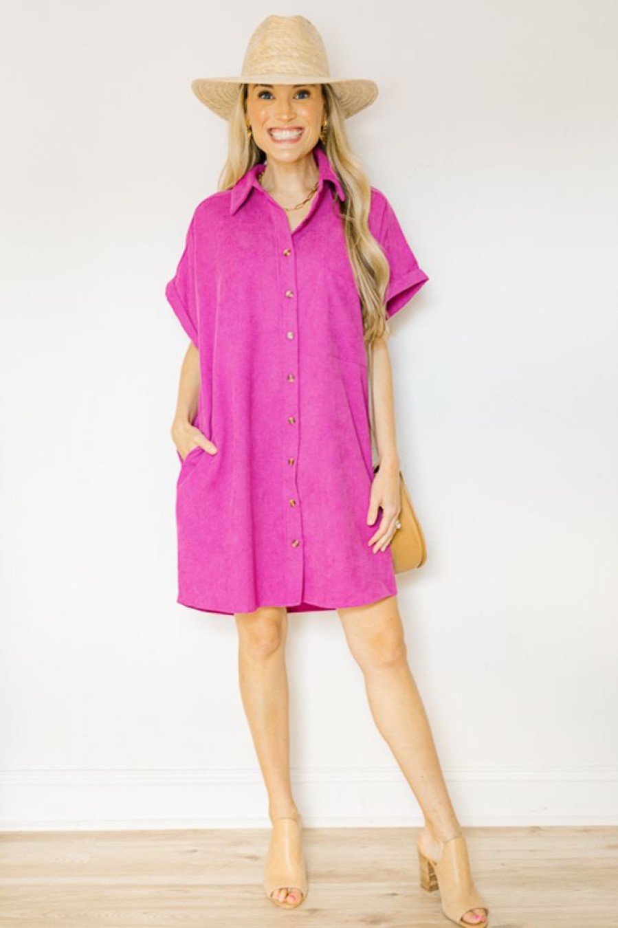 Entro Dresses W/ Sleeves | Cuffed Corded Shirt Dress, Orchid