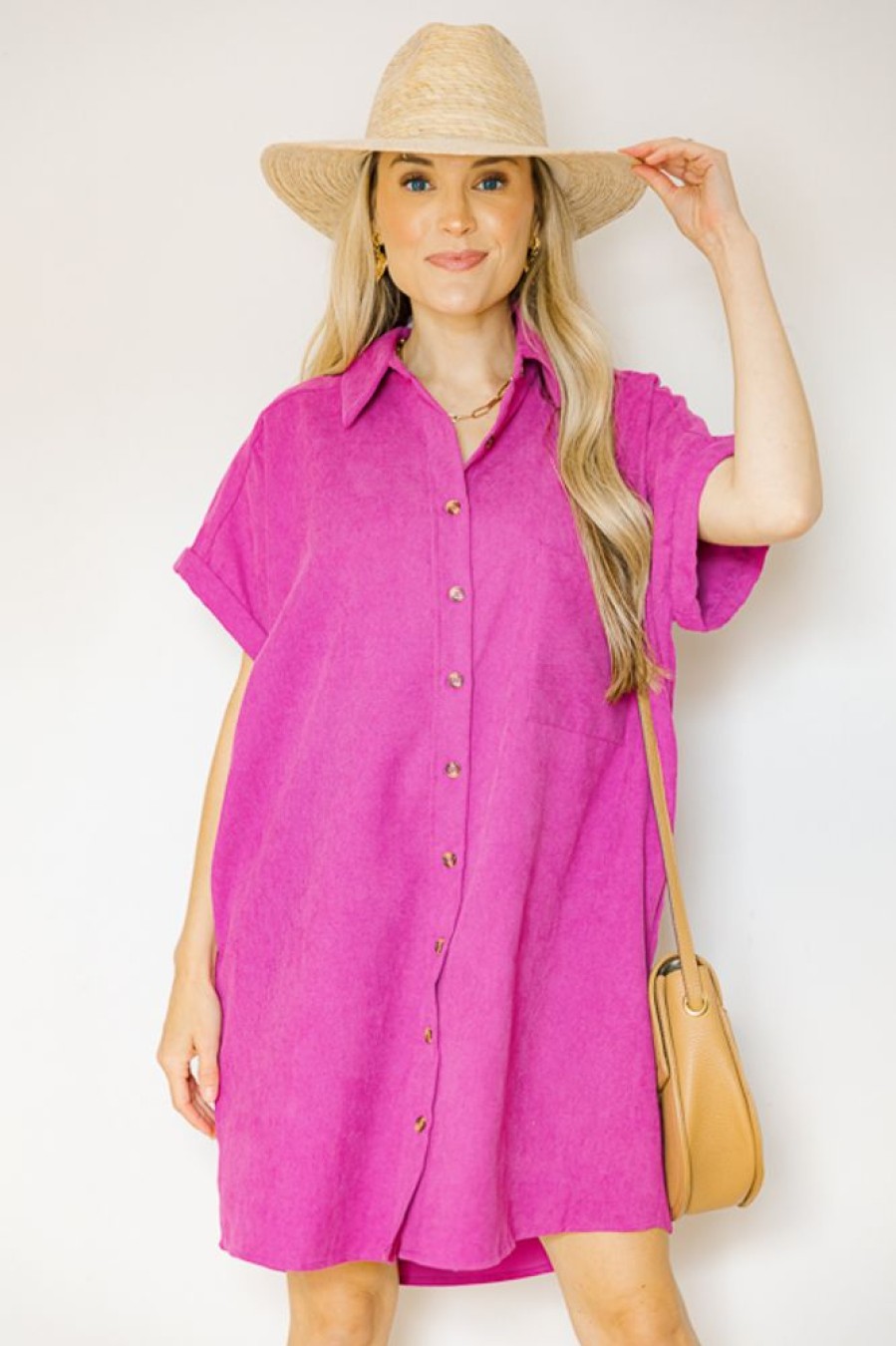 Entro Dresses W/ Sleeves | Cuffed Corded Shirt Dress, Orchid