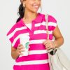 First Love Short Sleeve & Sleeveless | Collared Stripe Sweater Vest, Fuchsia