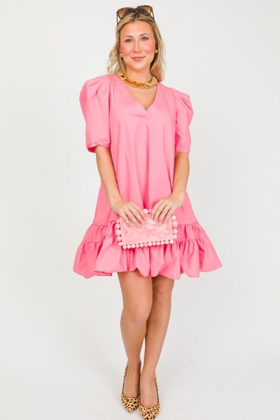 KARLIE Dresses W/ Sleeves | Poplin Puff Sleeve Dress, Pink