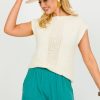 Hem & Thread Short Sleeve & Sleeveless | Cable Trim Sweater Top, Cream