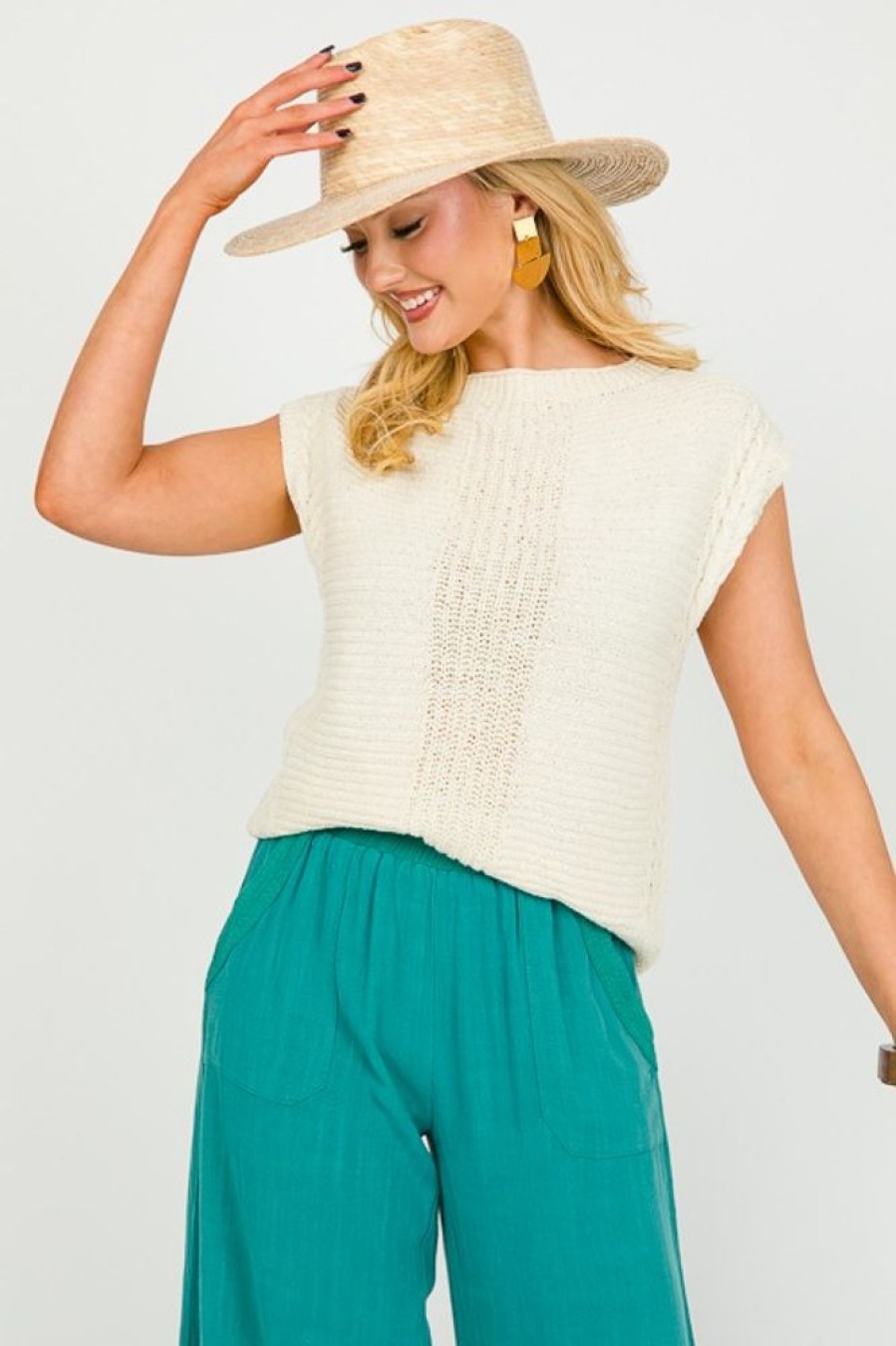 Hem & Thread Short Sleeve & Sleeveless | Cable Trim Sweater Top, Cream