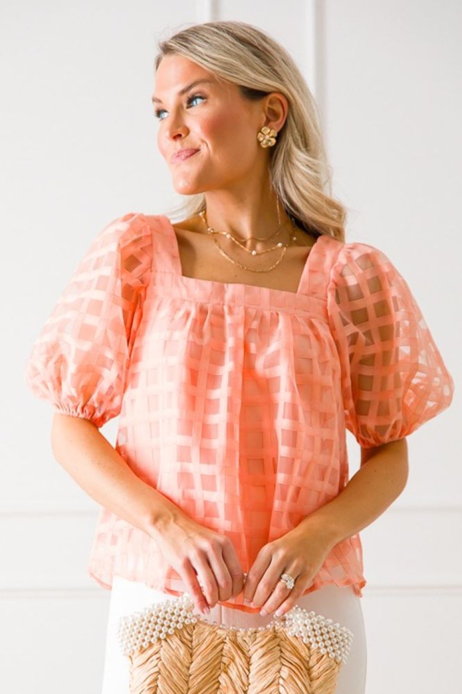 She + Sky Short Sleeve & Sleeveless | Organza Checks Top, Apricot