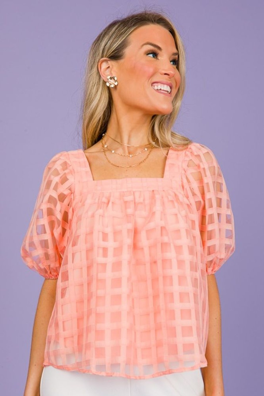 She + Sky Short Sleeve & Sleeveless | Organza Checks Top, Apricot