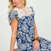 Umgee Dresses W/ Sleeves | Crochet Trim Printed Dress, Navy