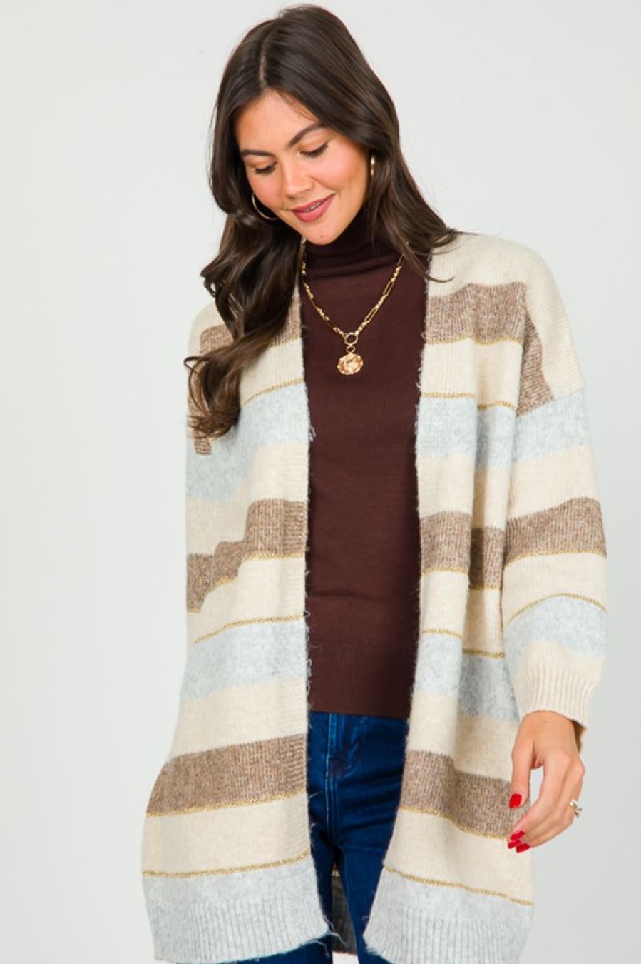 Eesome 3/4 & Long Sleeve | Struck Gold Stripe Cardi, Mocha