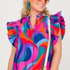 Peach Love California Short Sleeve & Sleeveless | Poplin Abstract Top, Blue/Pink