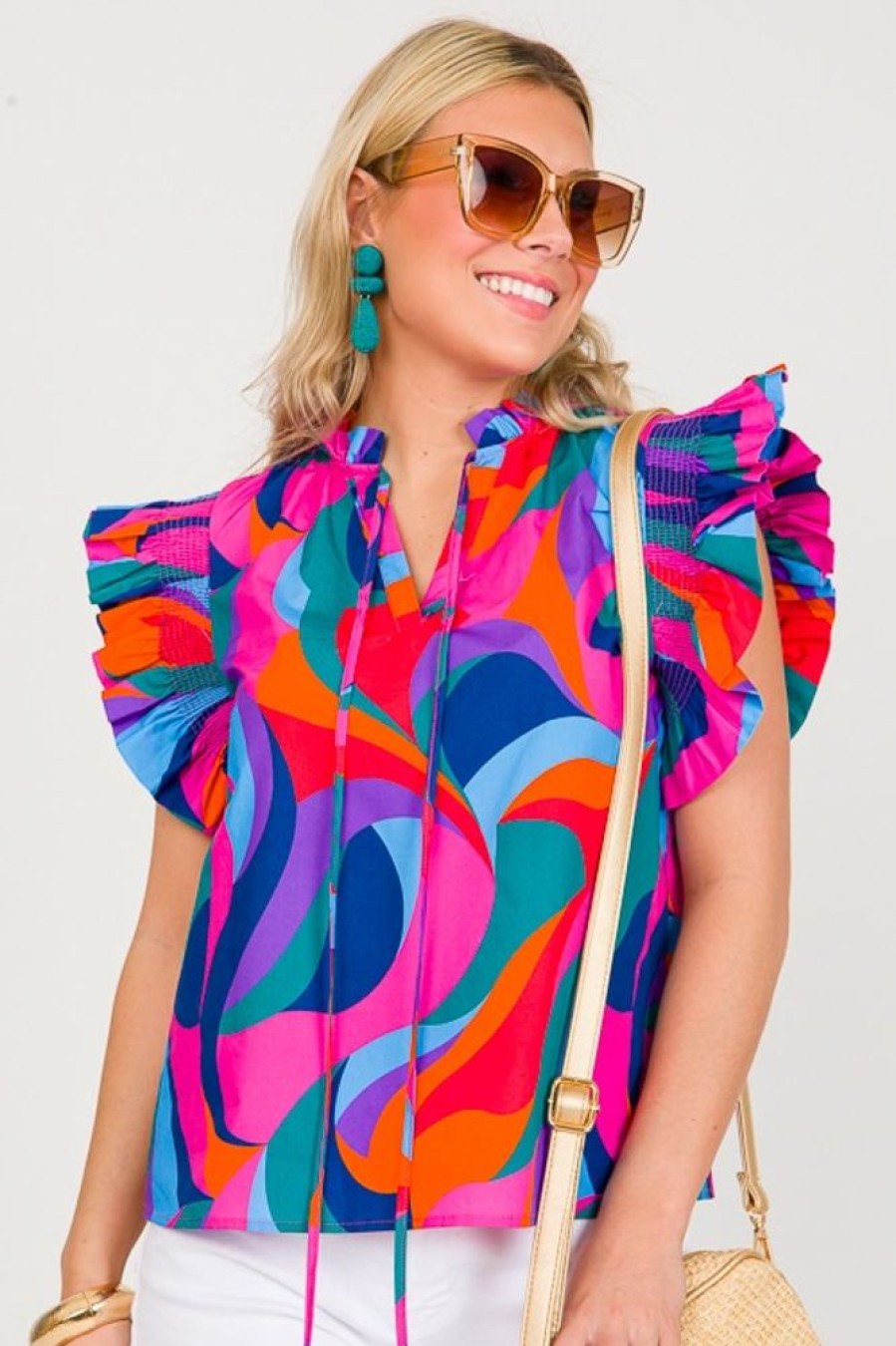 Peach Love California Short Sleeve & Sleeveless | Poplin Abstract Top, Blue/Pink