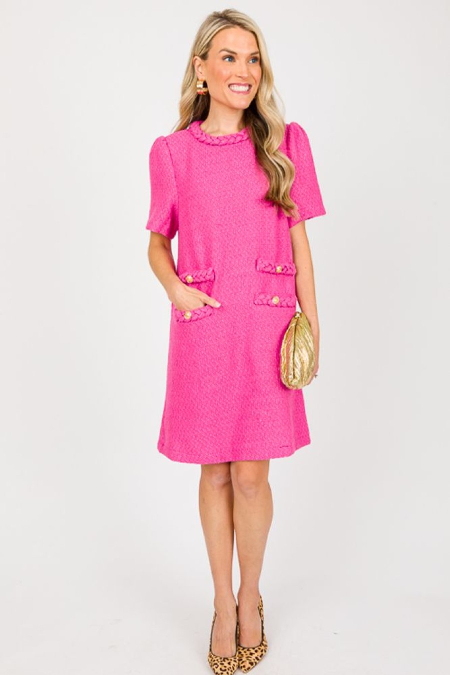 Voy Dresses W/ Sleeves | Braided Trim Tweed Shift, Pink