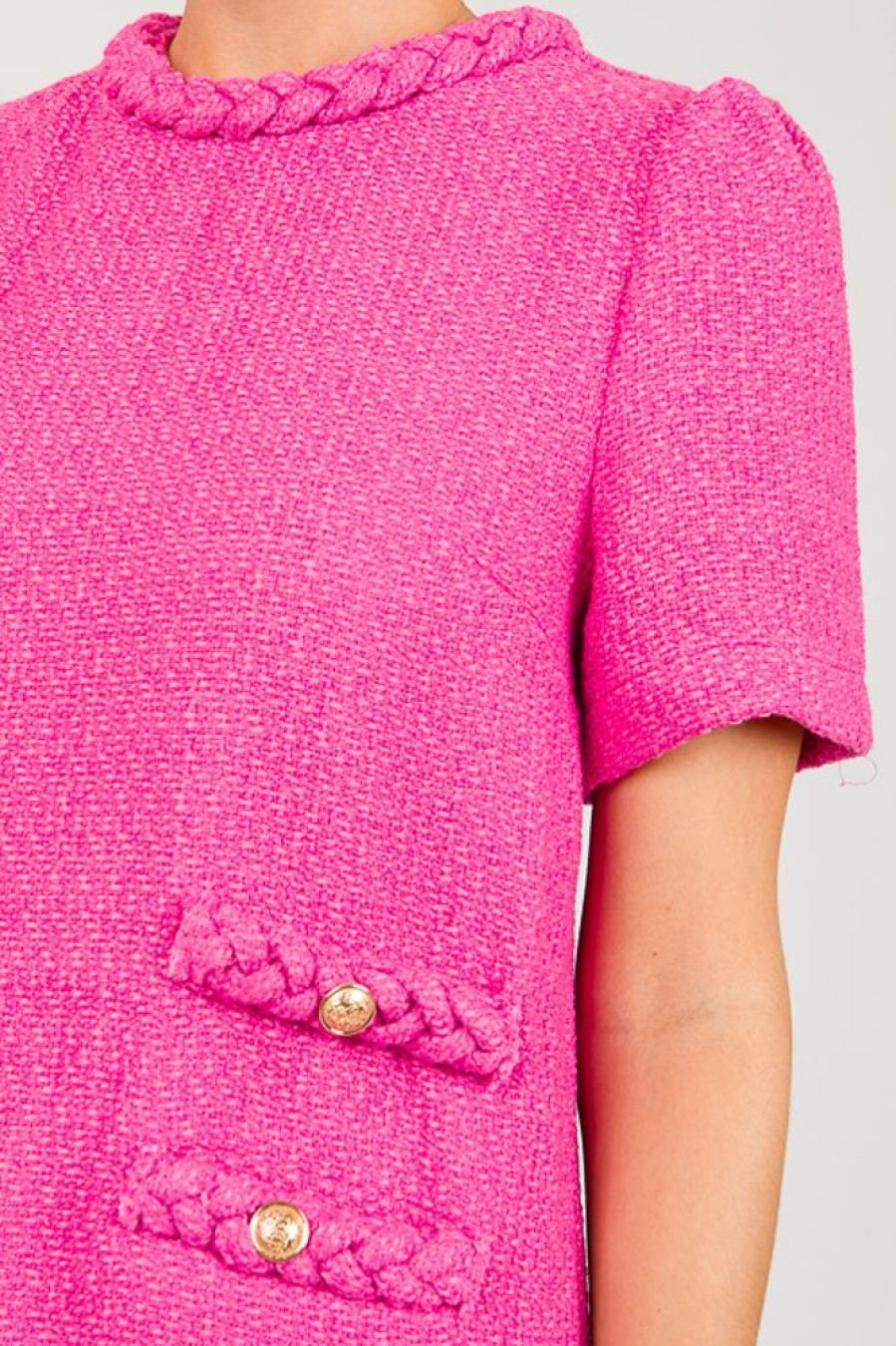 Voy Dresses W/ Sleeves | Braided Trim Tweed Shift, Pink