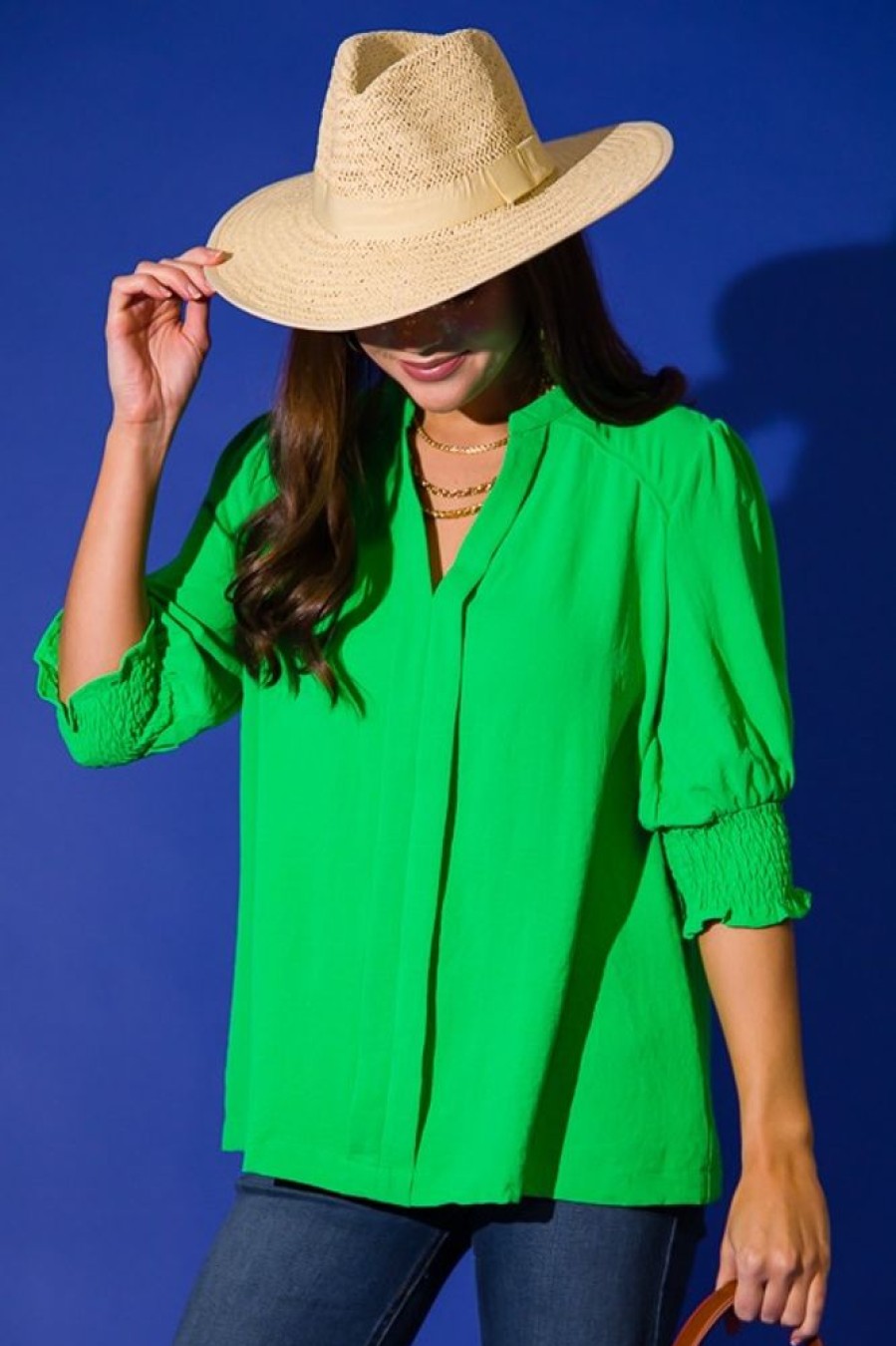 Umgee 3/4 & Long Sleeve | Angelina Blouse, Apple Green