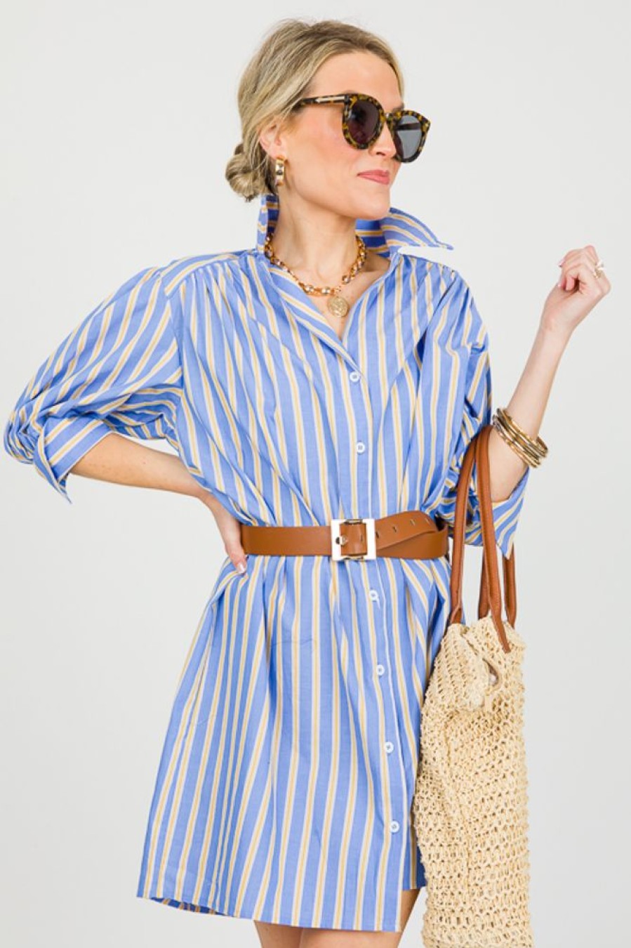 Gigio Dresses W/ Sleeves | Pinstripe Puff Shirt Dress, Blue