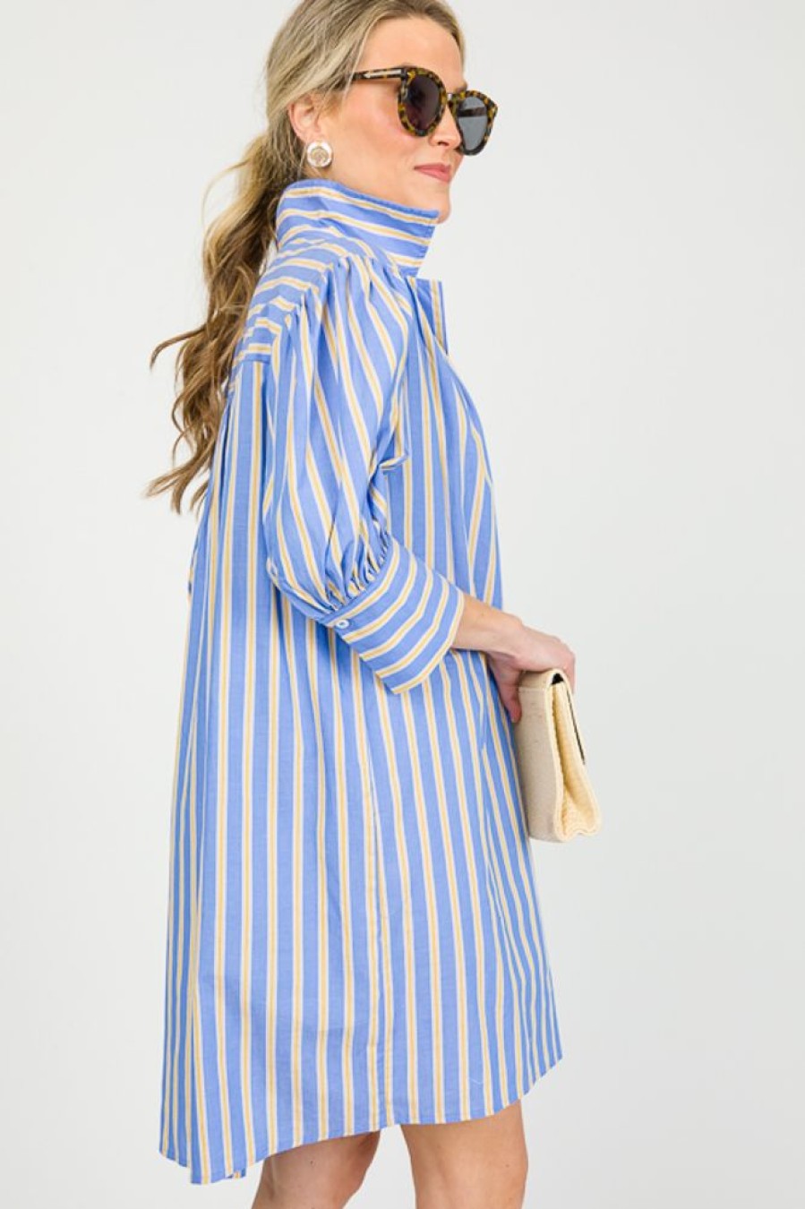 Gigio Dresses W/ Sleeves | Pinstripe Puff Shirt Dress, Blue