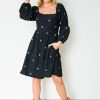 Davi & Dani Little Black Dress | Floral Embroidery Corded Dress