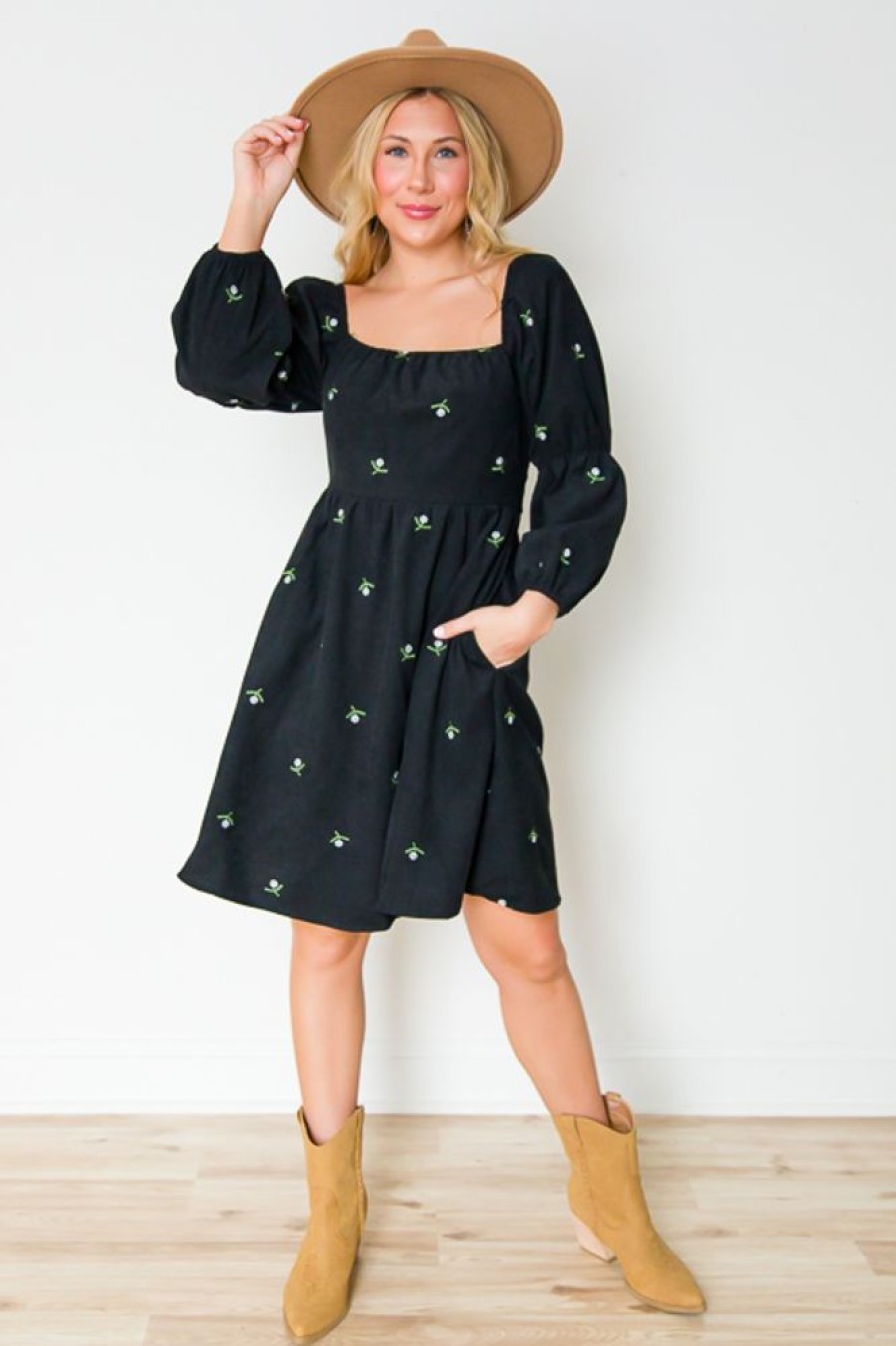 Davi & Dani Little Black Dress | Floral Embroidery Corded Dress